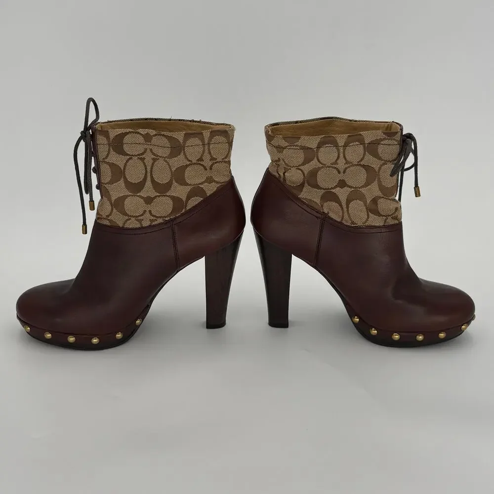 Coach F2370 Ediva Monogram Lace Up Block Heel Booties Brown Leather Size 9